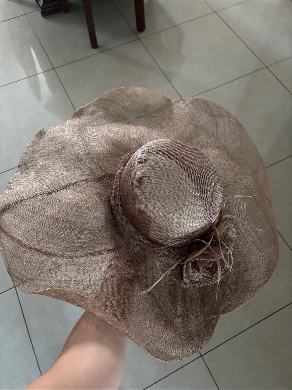 C.C. Boutique Light Brown Sinamay Wide-Brim Floral Accent Hat